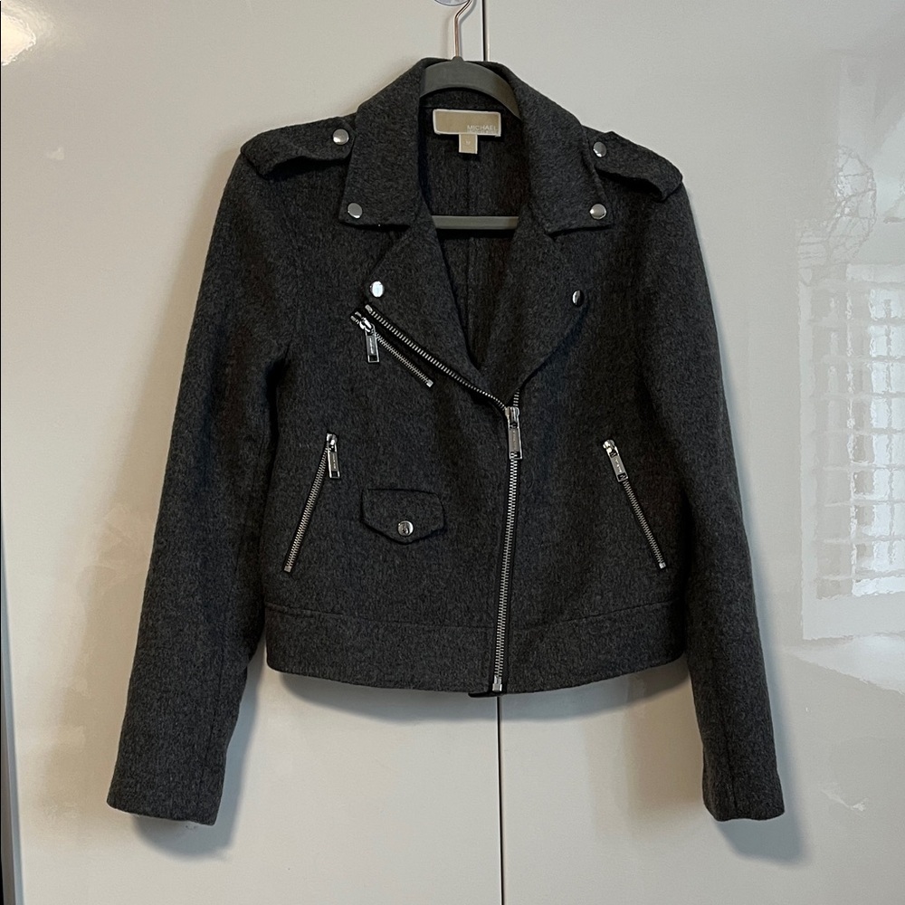 NWOT MICHAEL KORS Charcoal Grey Wool Moto Jacket, Size M